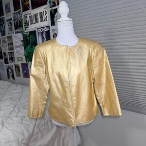 Ellen Tracy Gold Leather Jacket Womens 12 Linda Allard Metallic Blazer